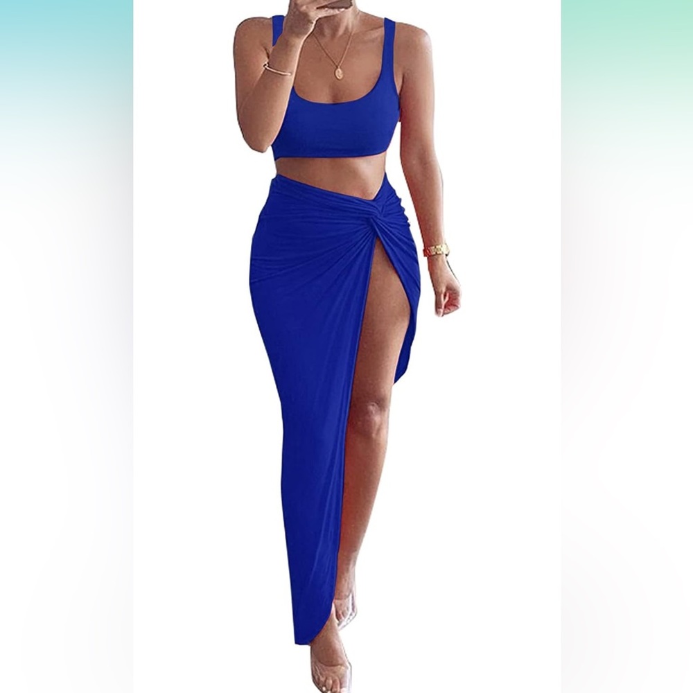 2 Piece Outfit Sleeveless Tank Crop Bodycon High Slit Maxi Long Skirt Set